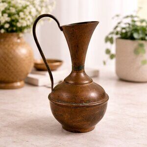 Vintage Copper Pitcher Vase With Curved Handle & Narrow Neck 9" Tall Rustic Acce